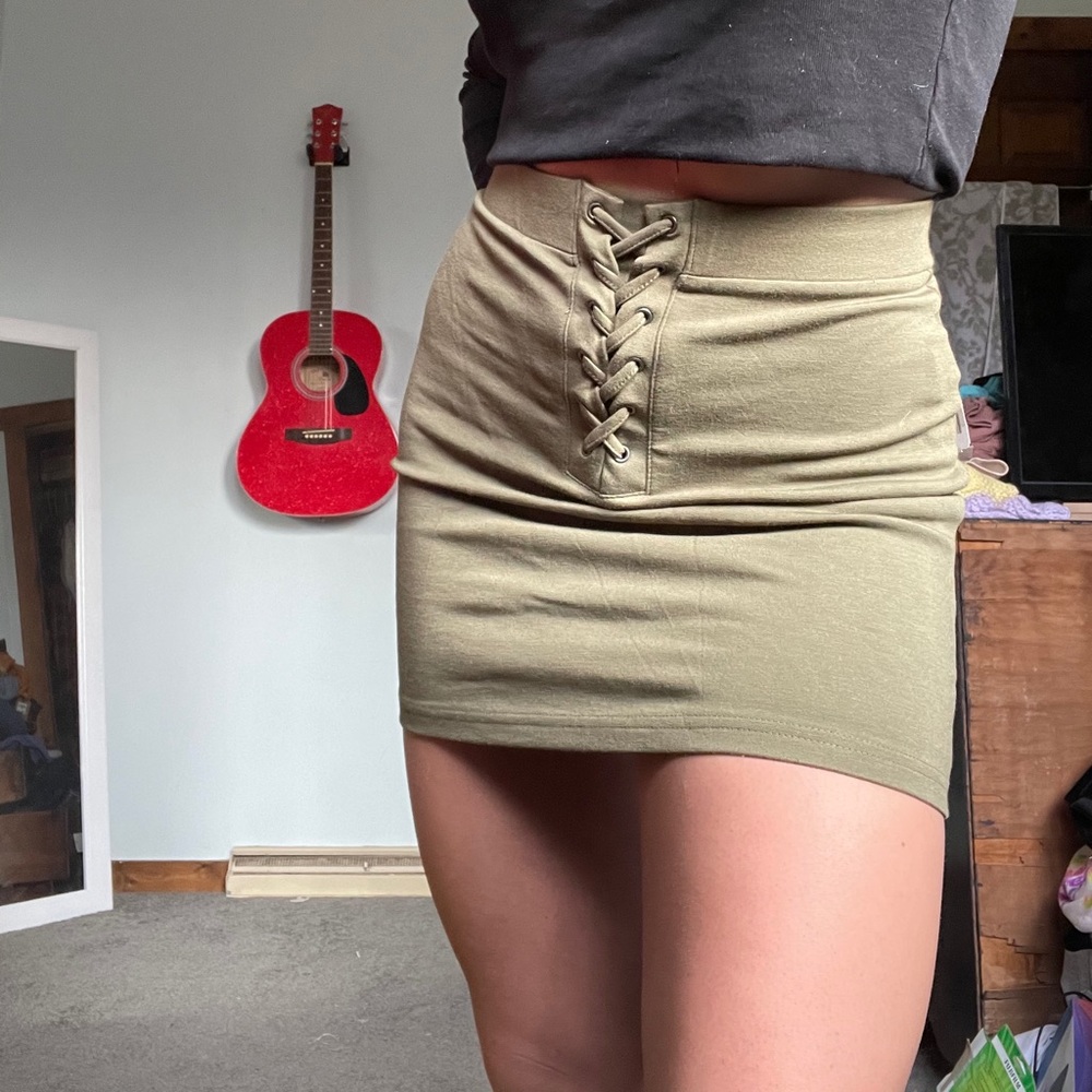 army green lace up mini skirt